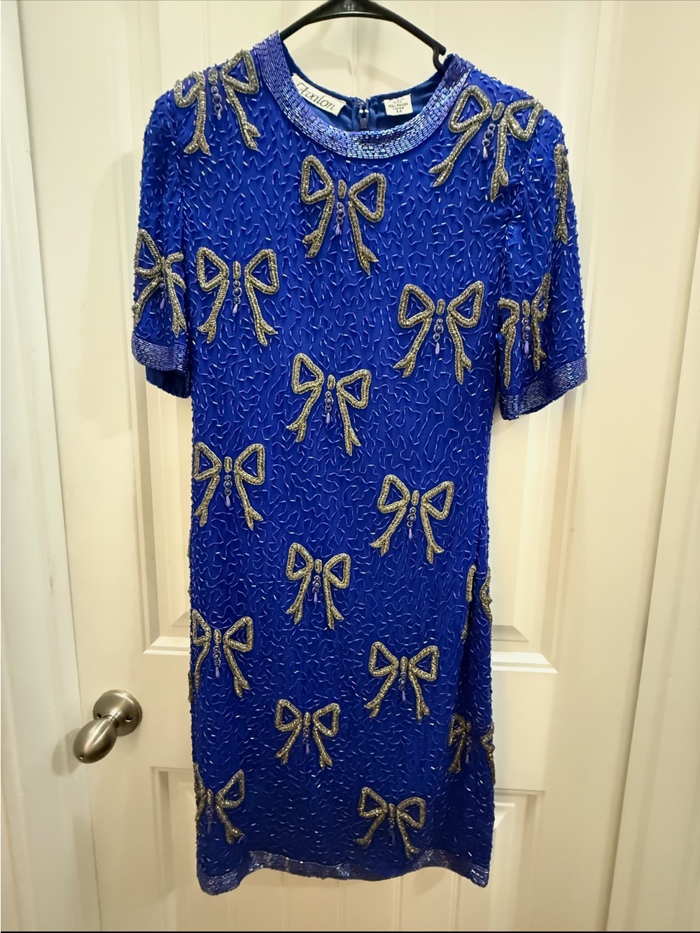 Vintage Avalon  Royal Blue Beaded Dress with Silver Bow Accents. Size M